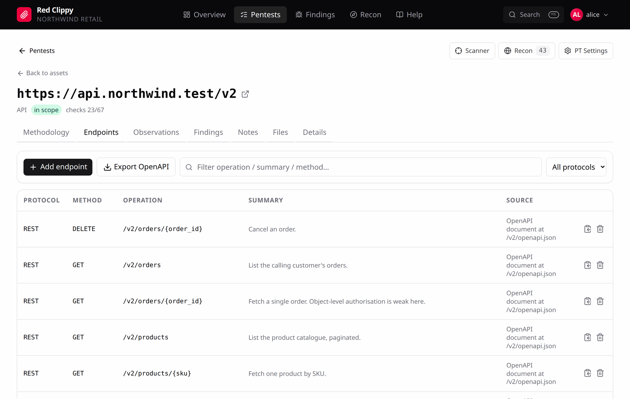 The Endpoints tab for an API asset, listing REST operations with method, path and summary