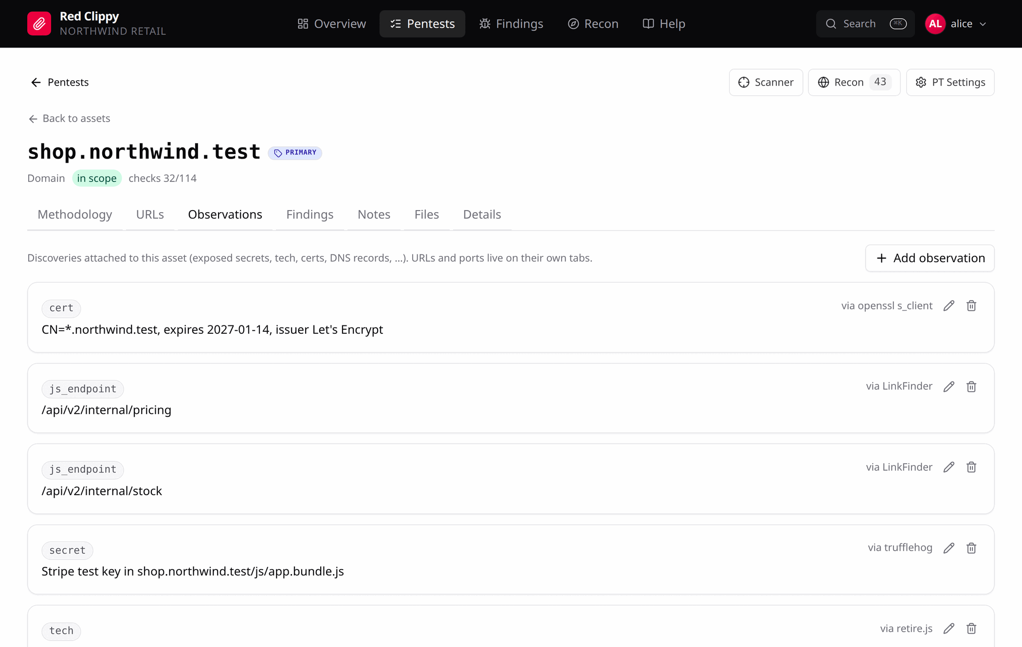 The Observations tab for an asset, showing certificate, JavaScript endpoint, secret and technology entries