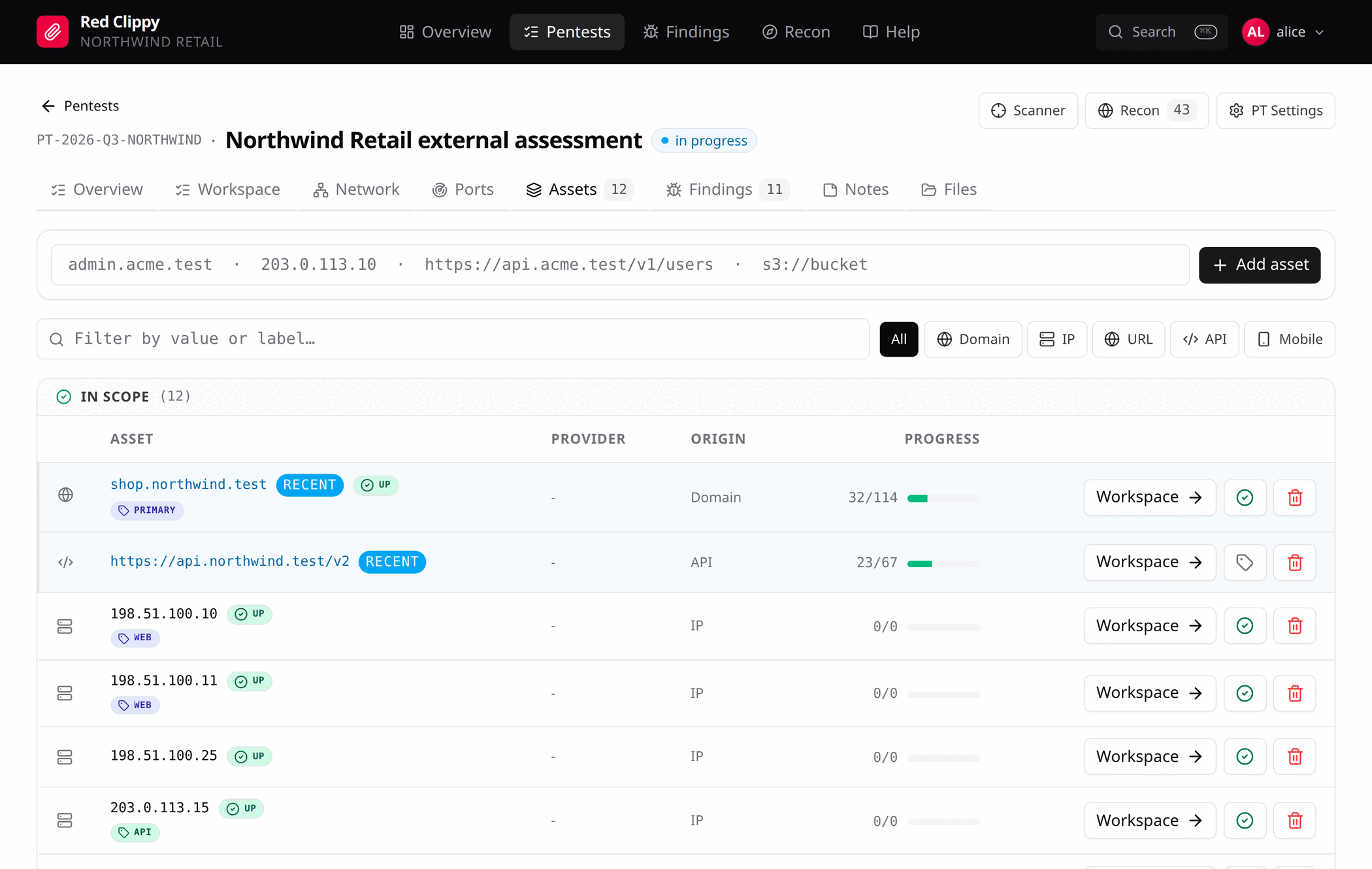 The assets page: quick add box, kind filter chips, and the in-scope table