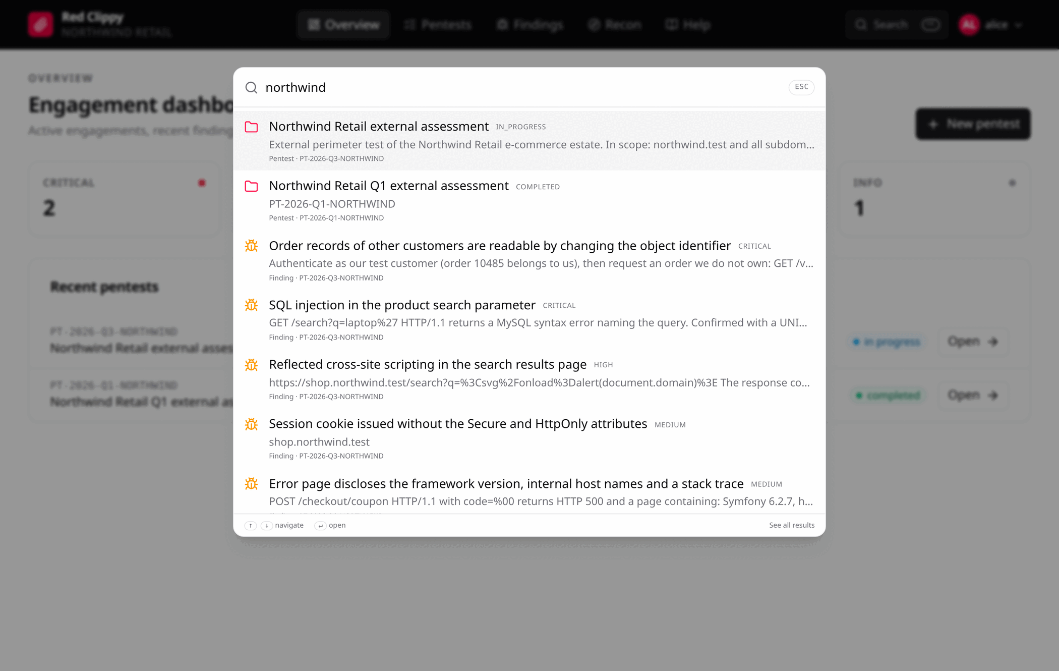 The command palette open over the dashboard, showing pentest, asset, observation and finding matches for a search term