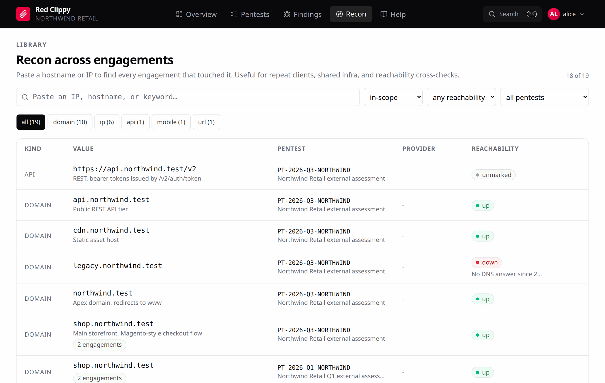 The organization-wide Recon page, showing assets from several engagements with reachability and repeat-engagement badges