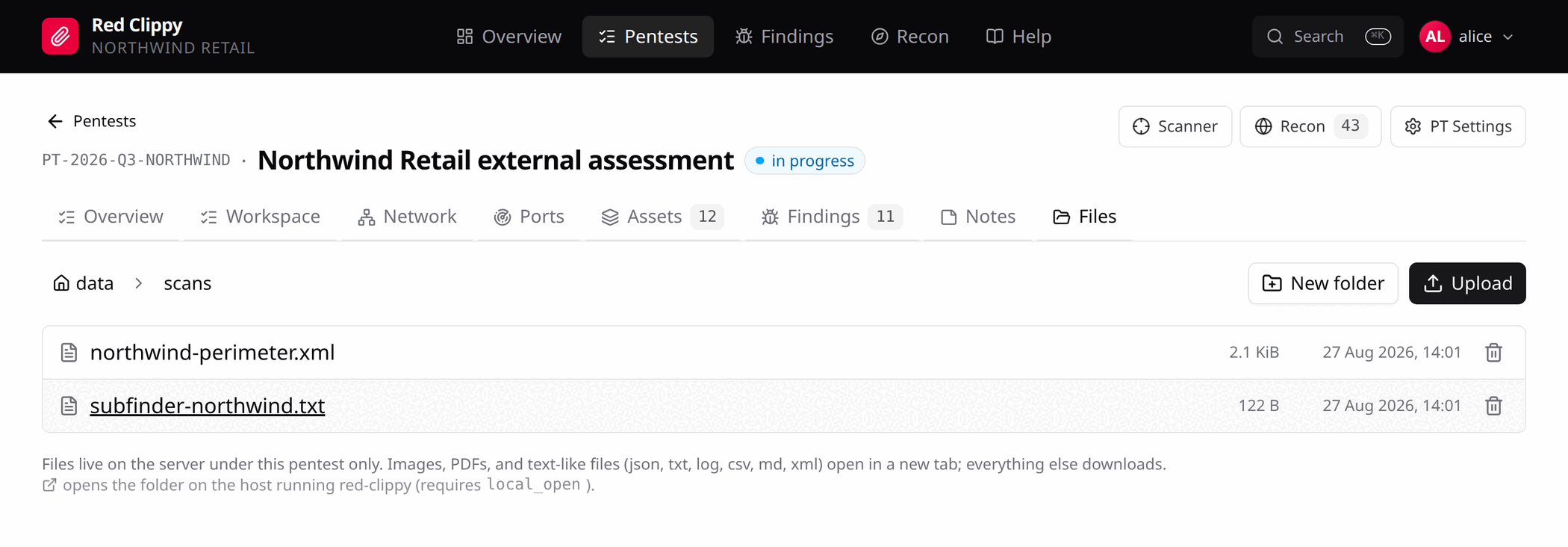 The Files tab, inside a folder, listing uploaded scan output