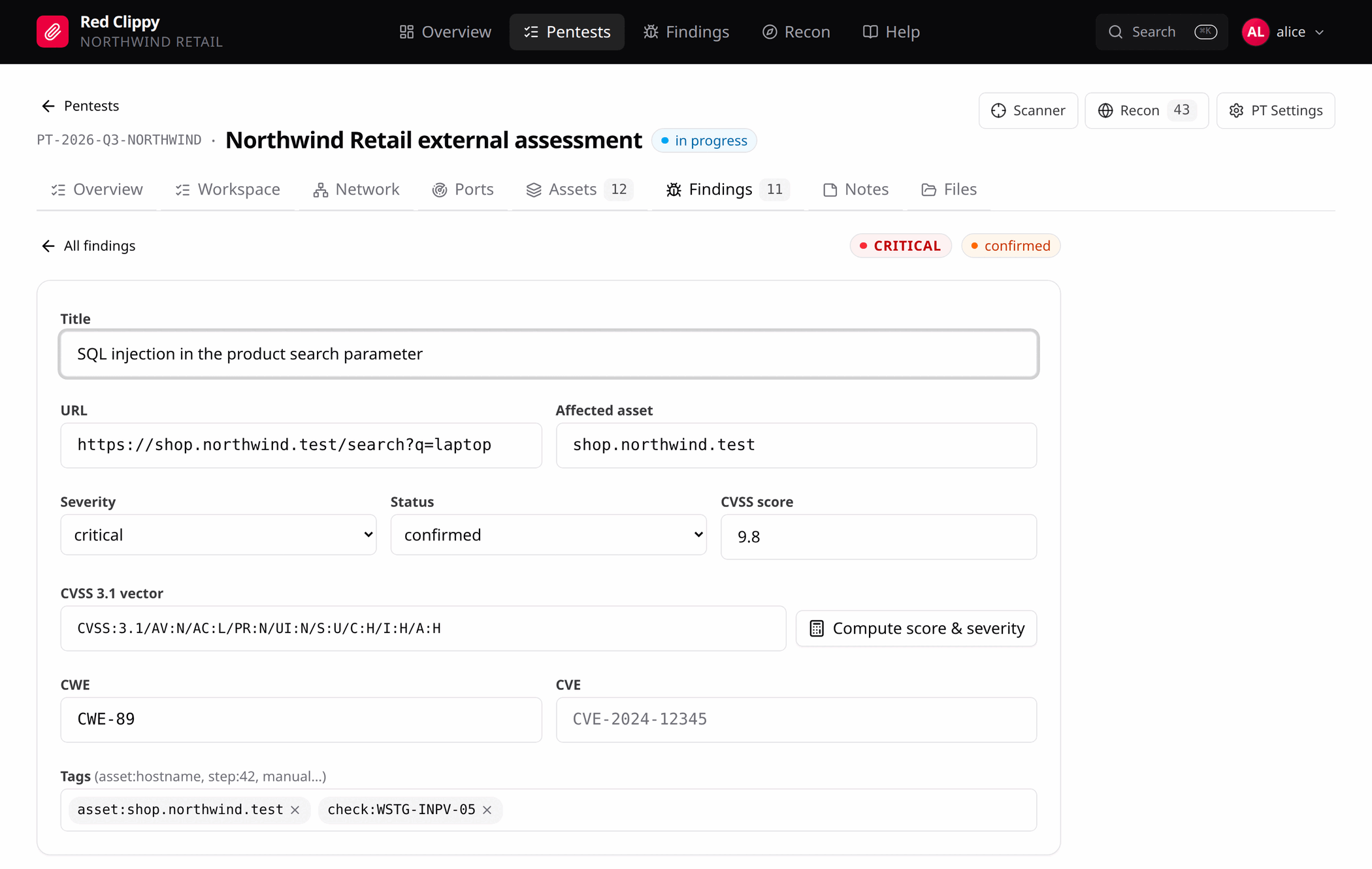 The top of a finding: title, URL, affected asset, severity, status, CVSS and identifiers