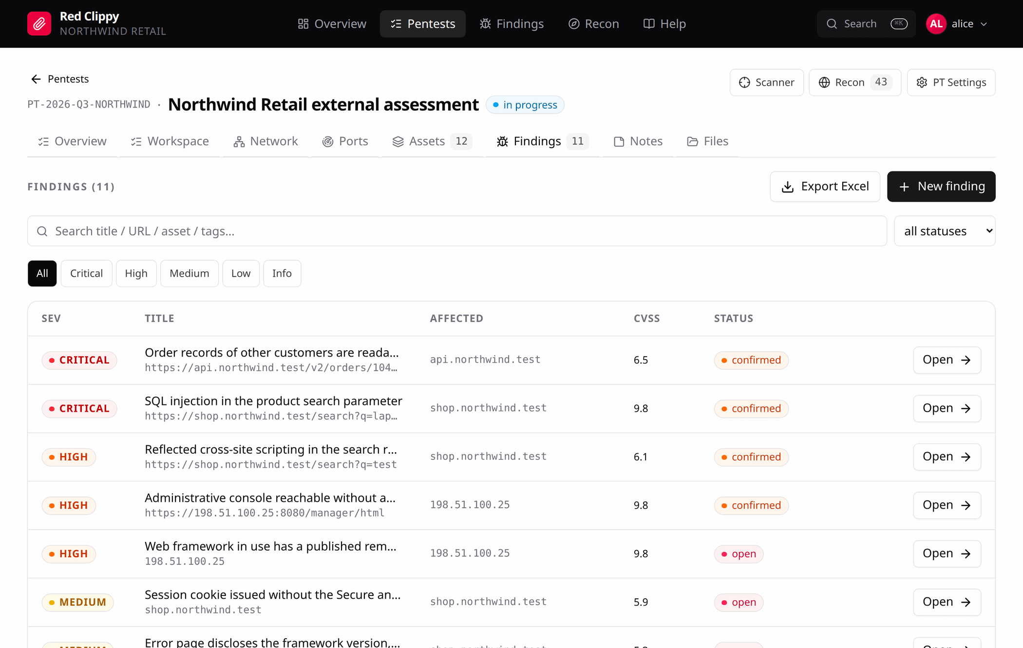 The findings list for an engagement, with severity chips, a search box and a status filter