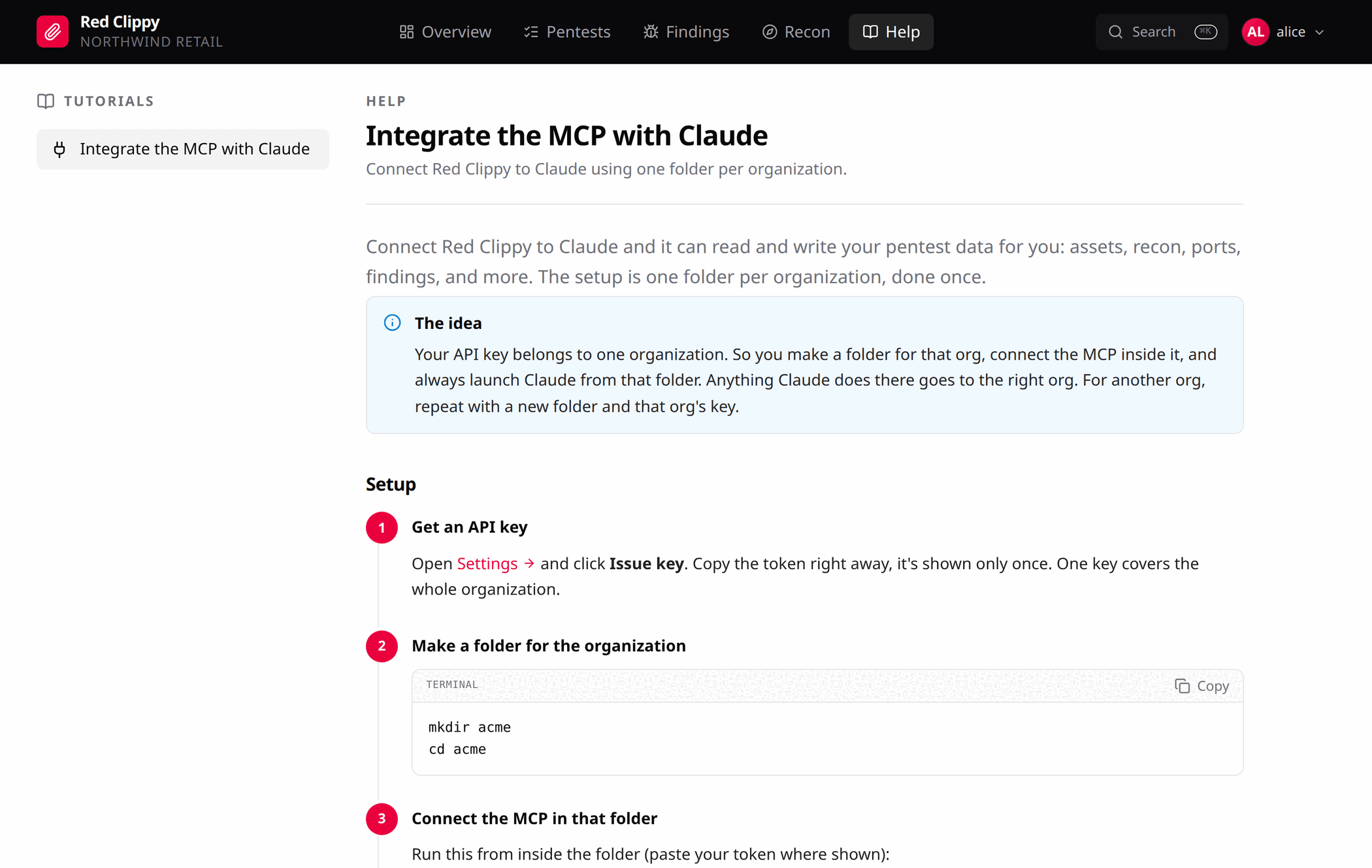 The in-app Help page, showing the Claude MCP integration tutorial
