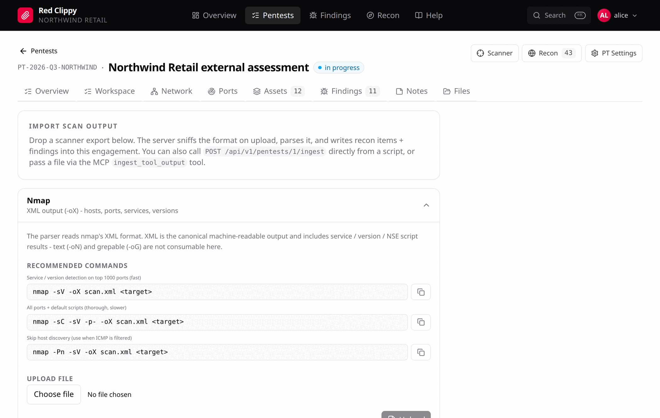The import page, with the nmap card expanded showing recommended commands and an upload box