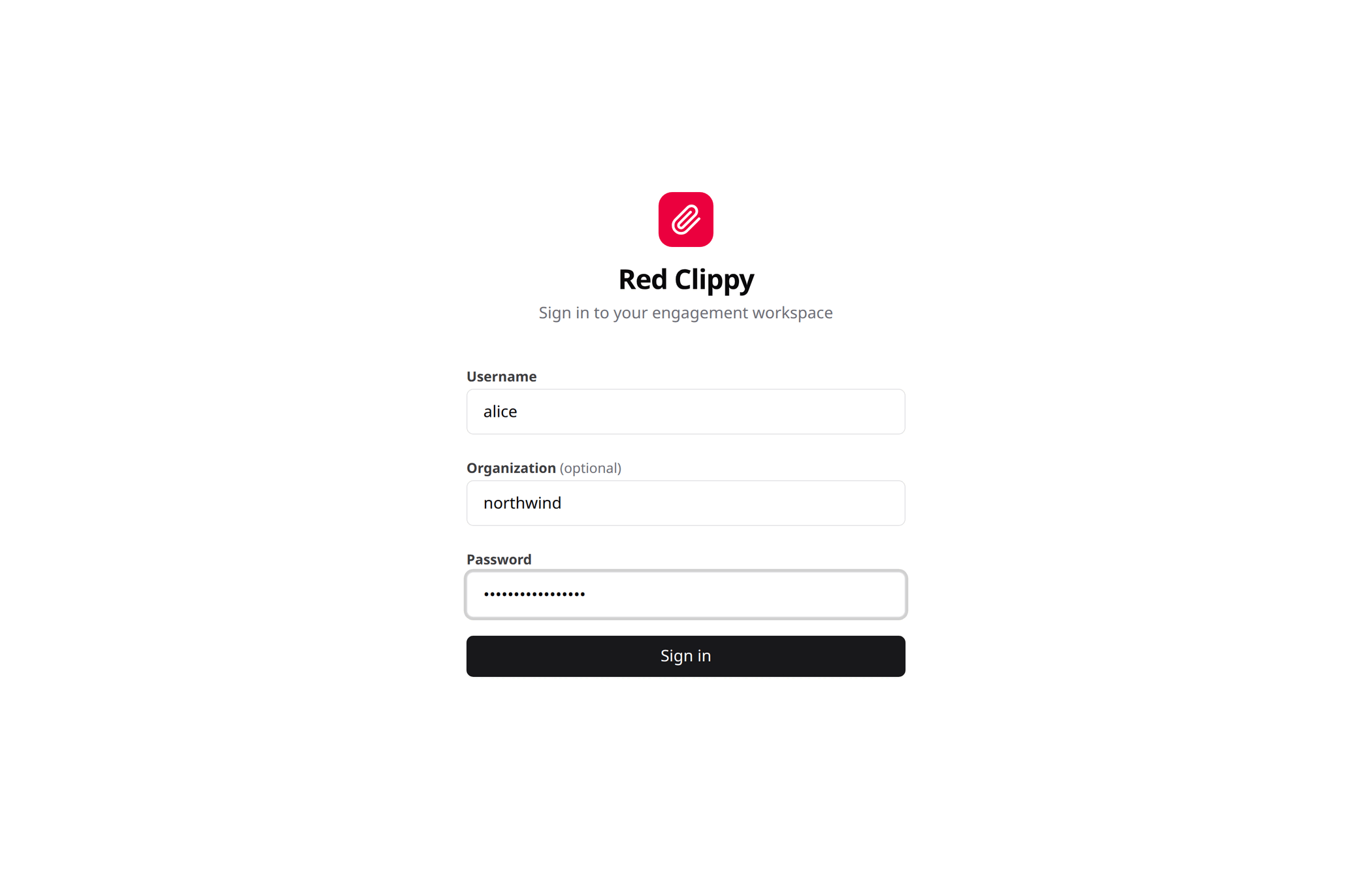 The sign-in form, with username, optional organization and password