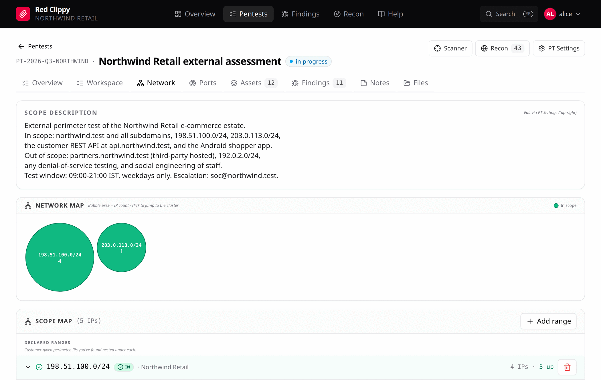 The network page: scope description, bubble map, and the scope map tree