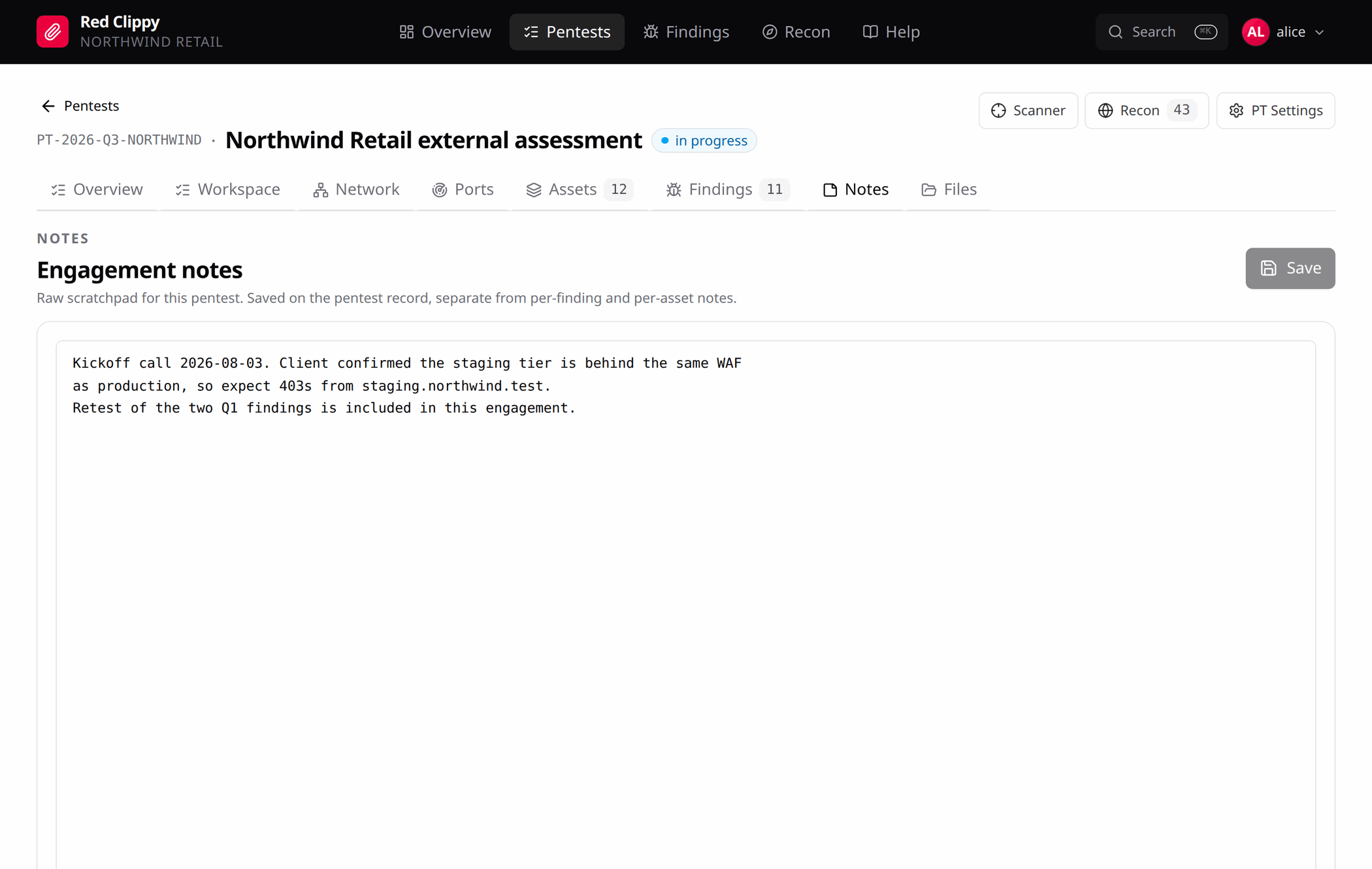 The engagement notes page, a full-height scratchpad