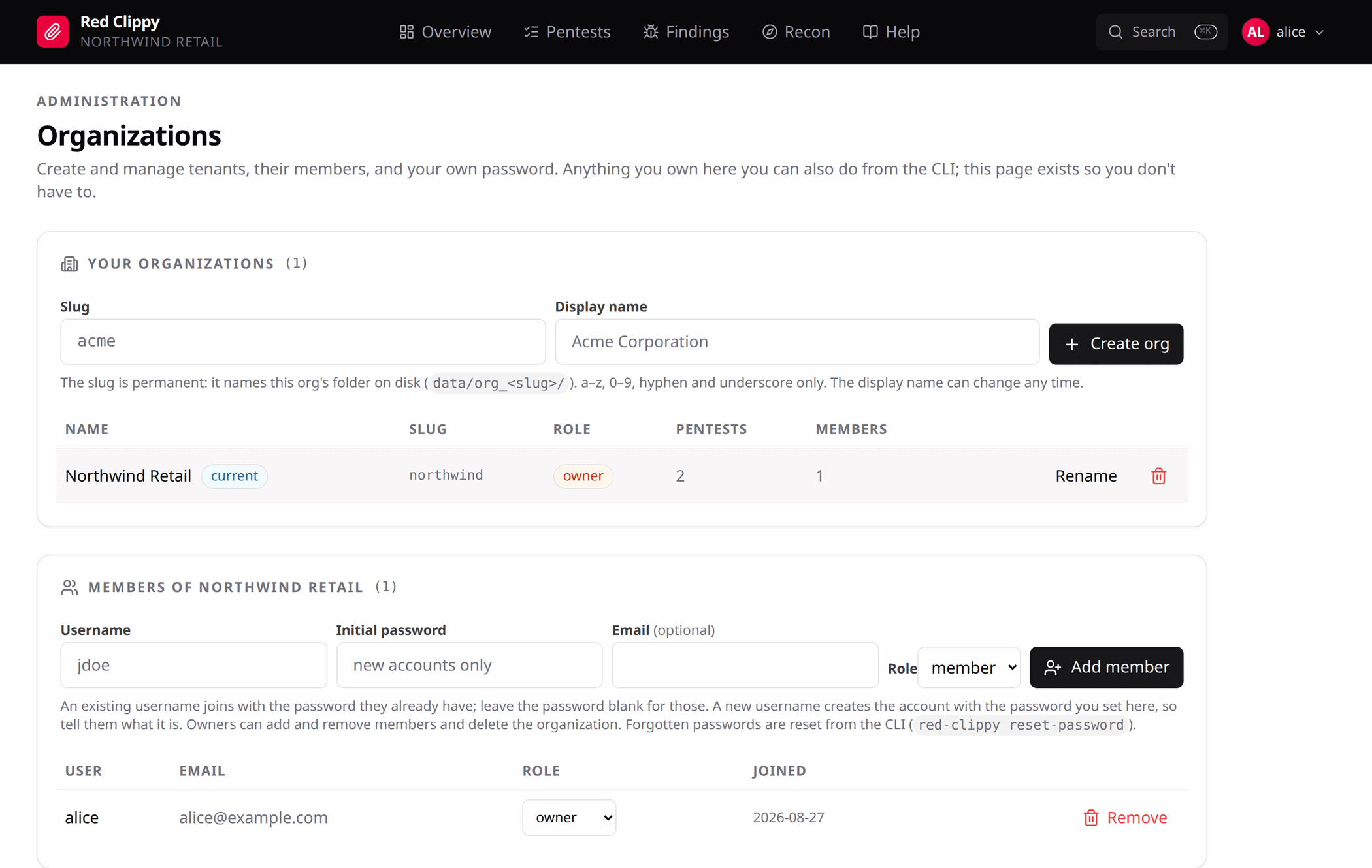 The Organizations page: your organizations, and the members of the selected one