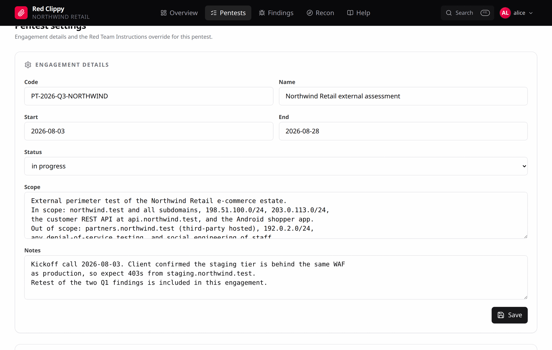 The per-engagement Red Team Instructions override on the PT Settings page
