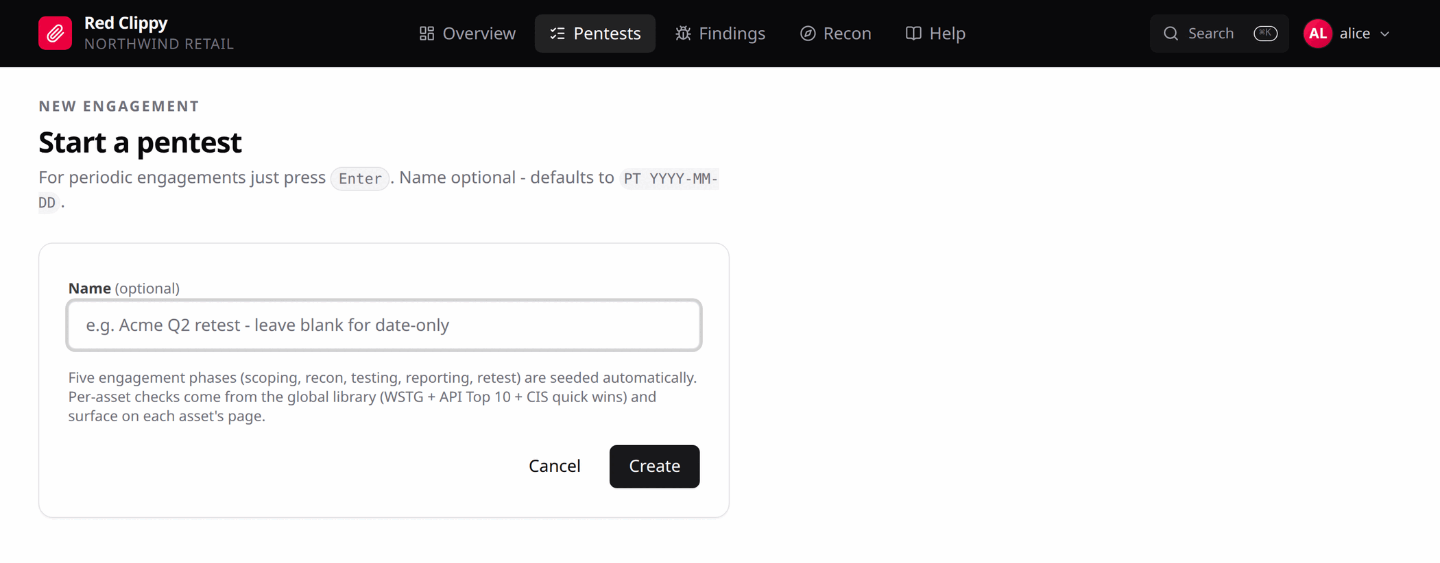 The new pentest form, with an optional name field