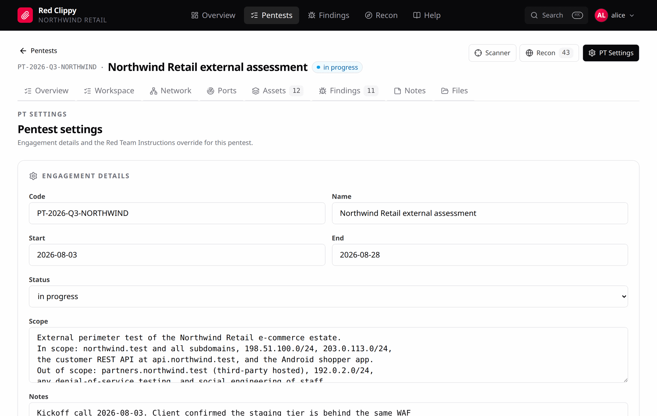 Pentest settings: engagement details with code, name, dates, status, scope and notes