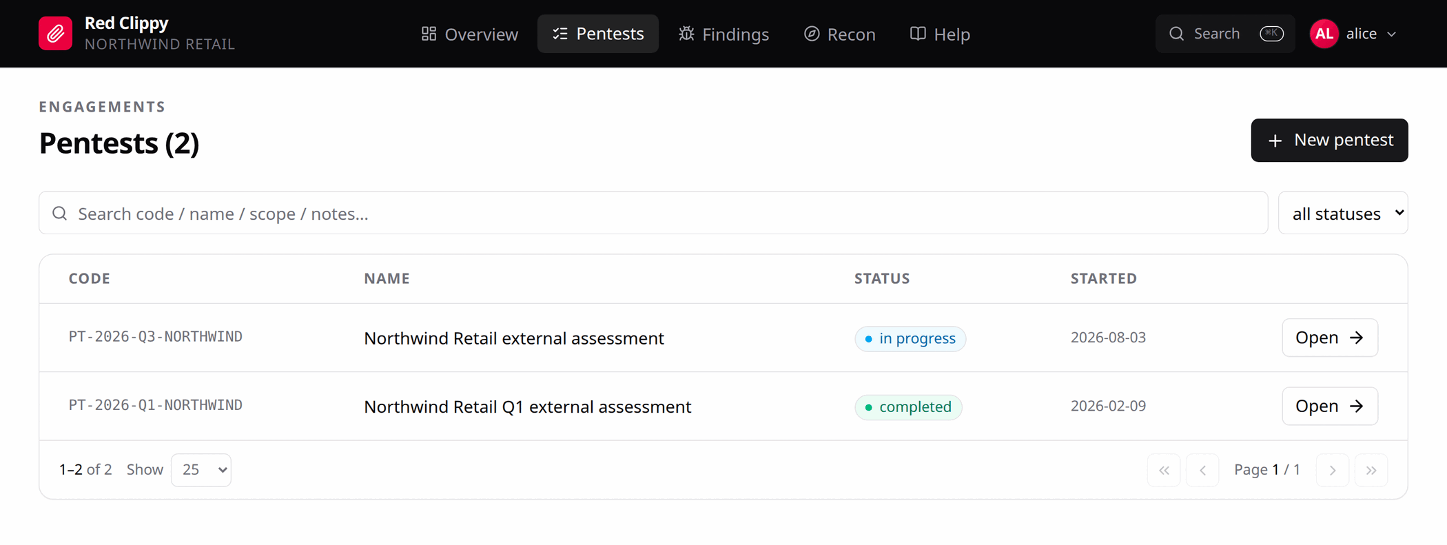 The pentests list with a search box, a status filter and one row per engagement