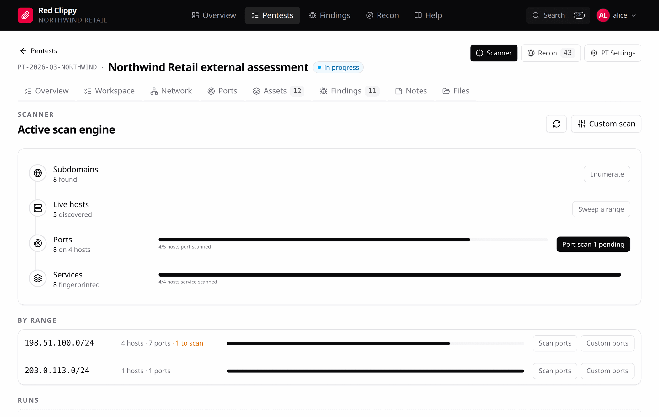 The scan engine: the funnel with subdomain, host discovery, port and service stages, plus per-range coverage