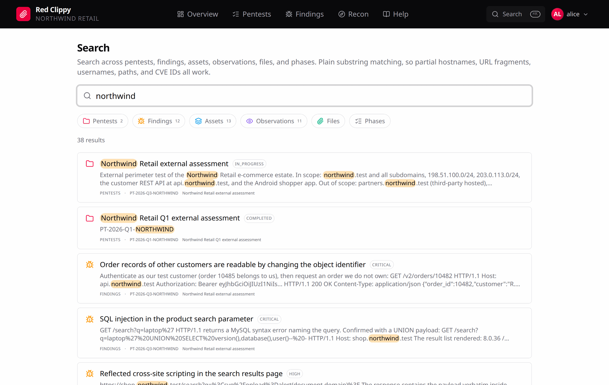The search page, with source filters and highlighted matches across pentests, findings and observations