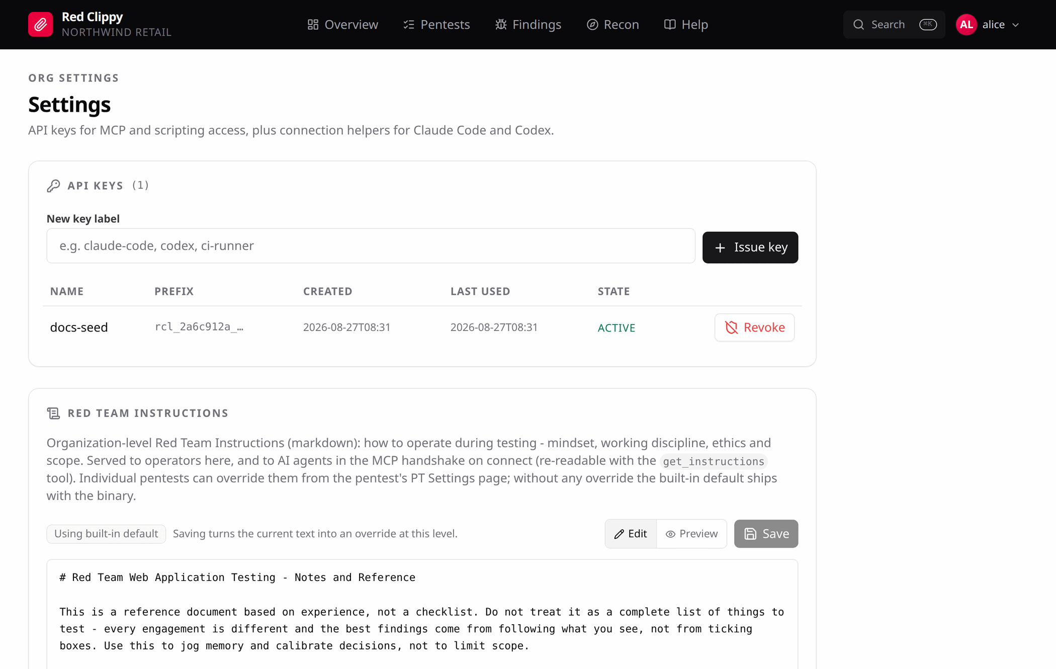 The Settings page with the API keys table