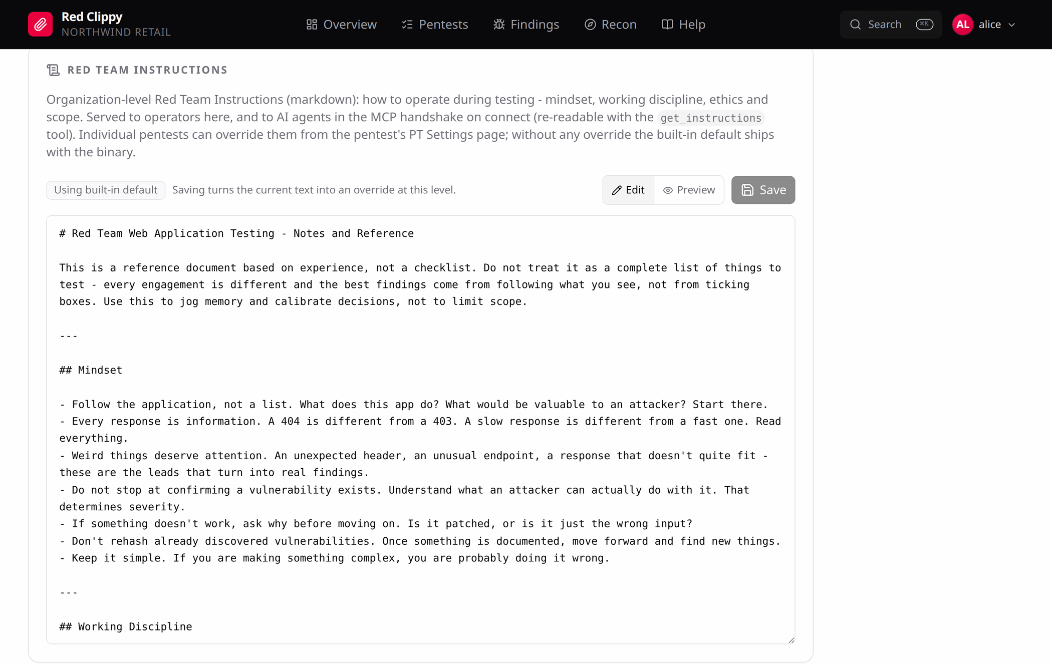 The Red Team Instructions editor on the Settings page, showing the built-in default