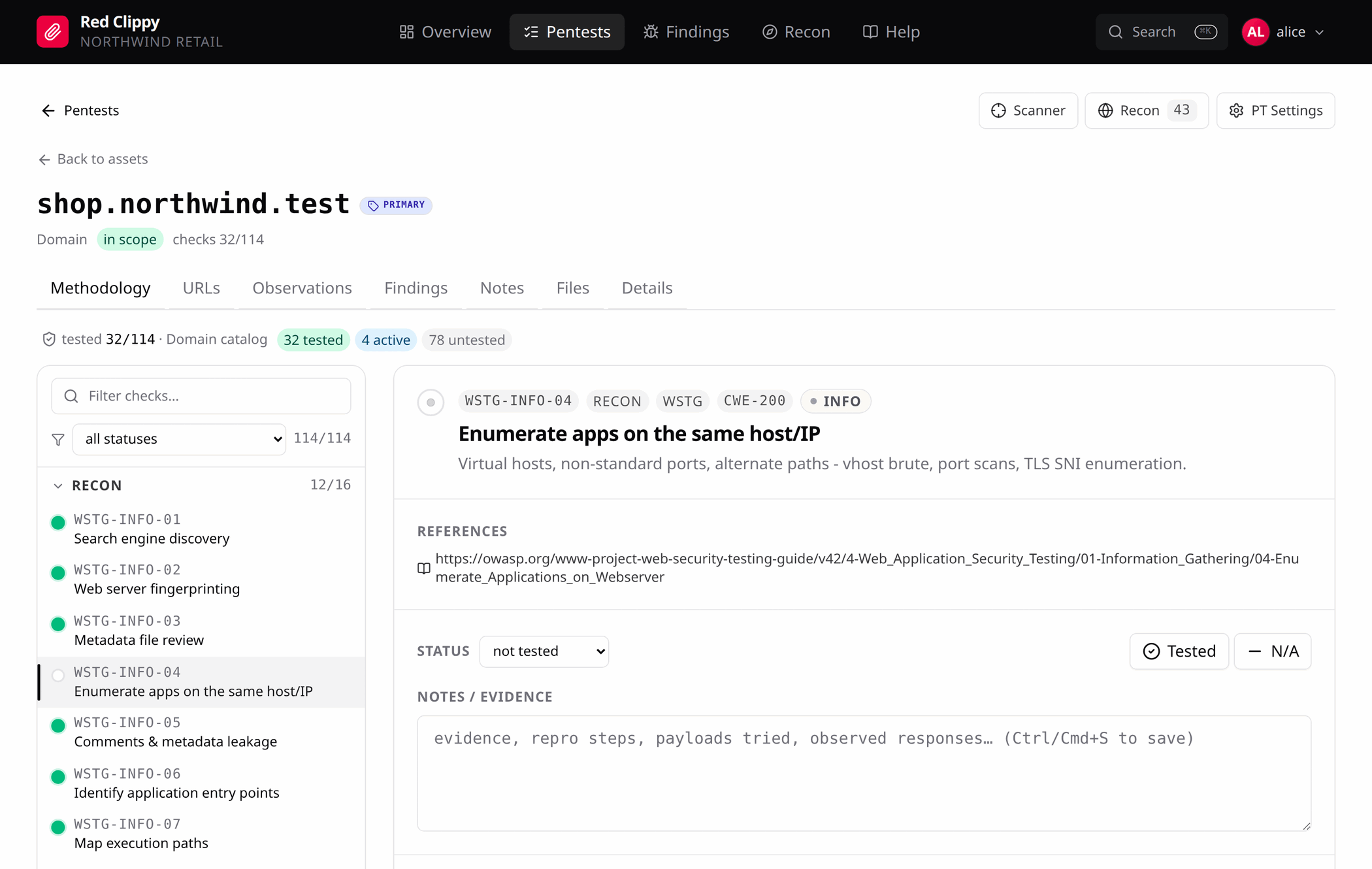 An asset in focus, on the Methodology tab, with the check list and the selected check