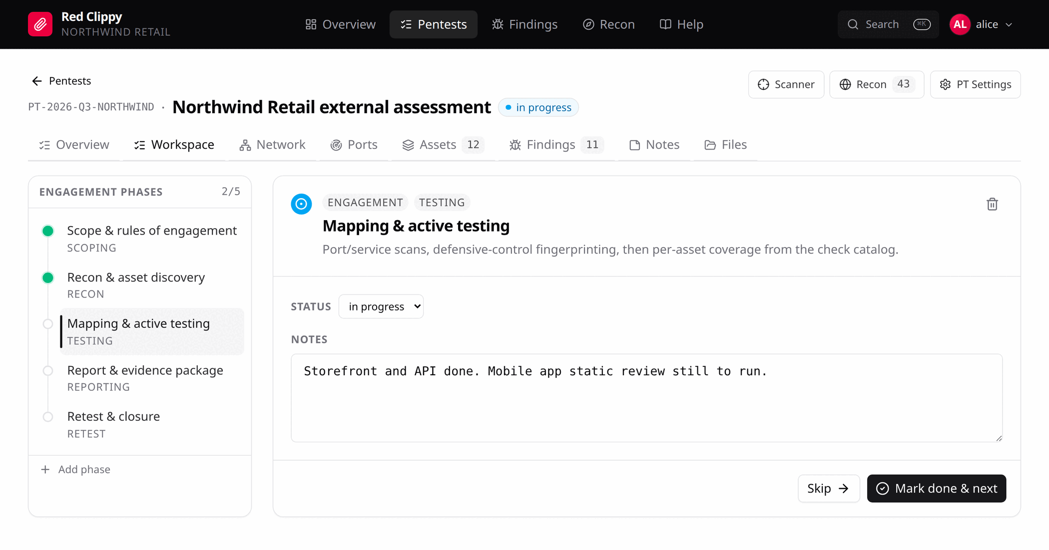The workspace in engagement mode: the phase list on the left, the selected phase on the right