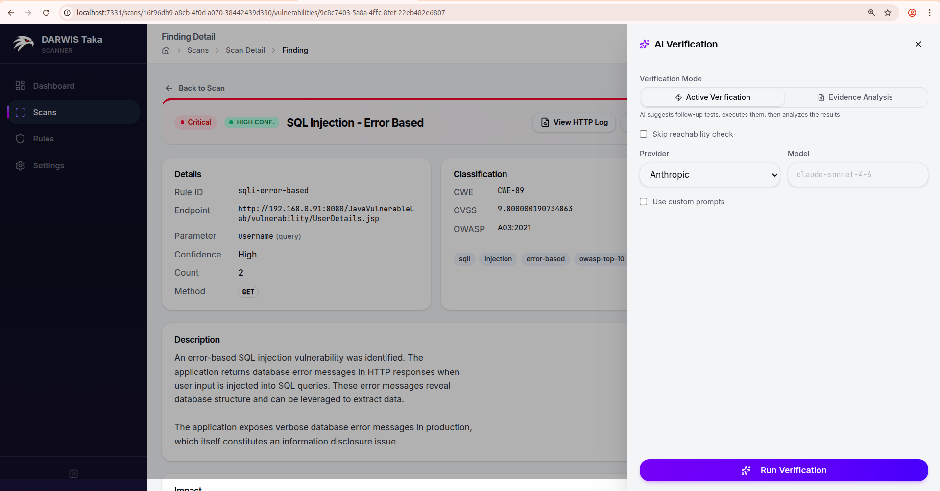 AI Verification drawer: mode toggle, provider/model, custom prompts, Run Verification button