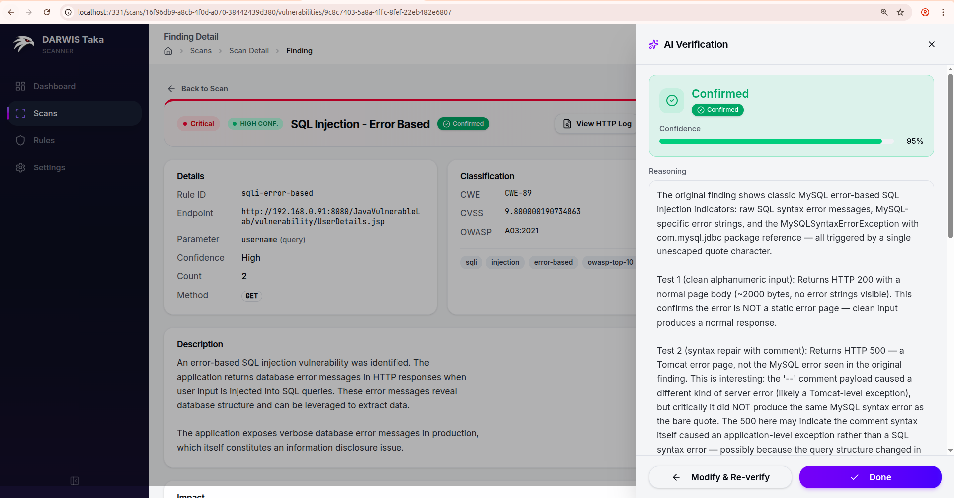 AI Verification result: Confirmed status with confidence meter and reasoning