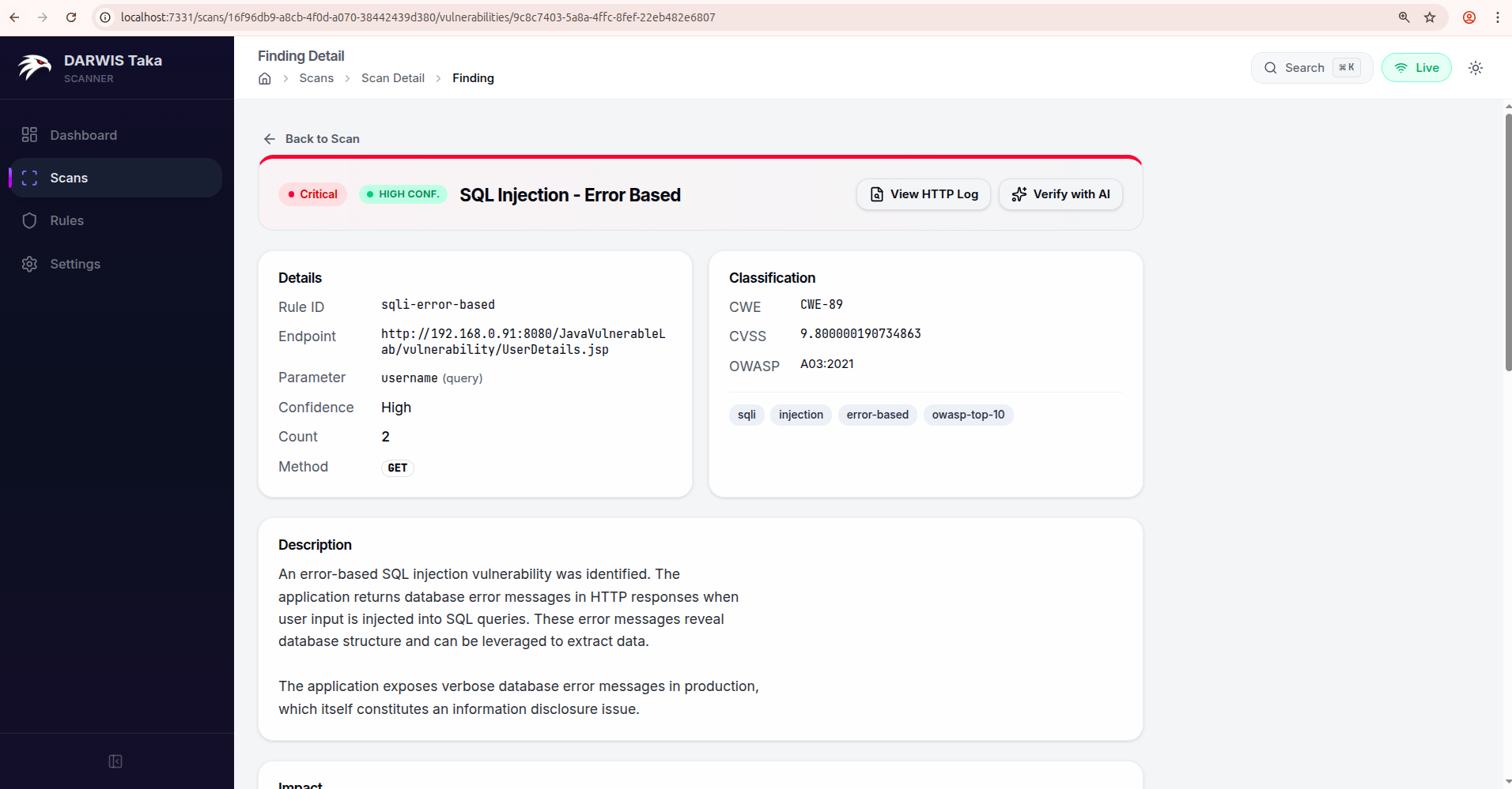 Finding Detail: severity, rule name, details, classification, and action buttons