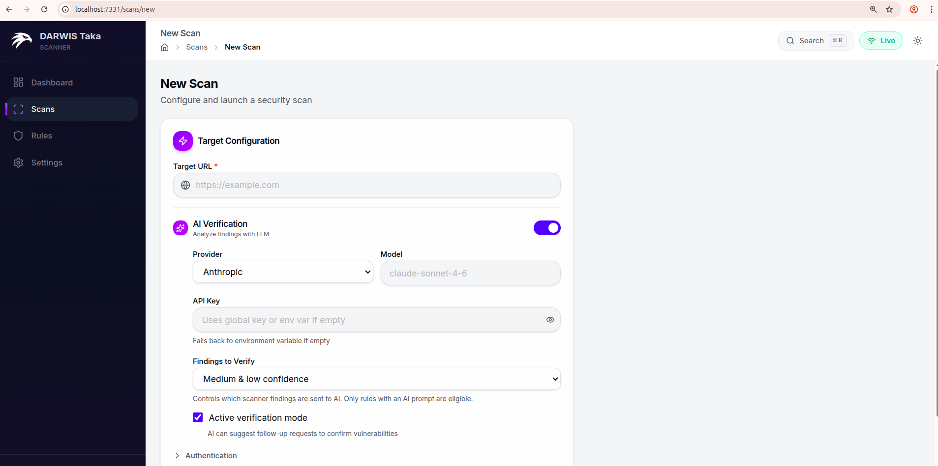 New Scan form: target URL, AI verification, and collapsible Authentication + Advanced sections