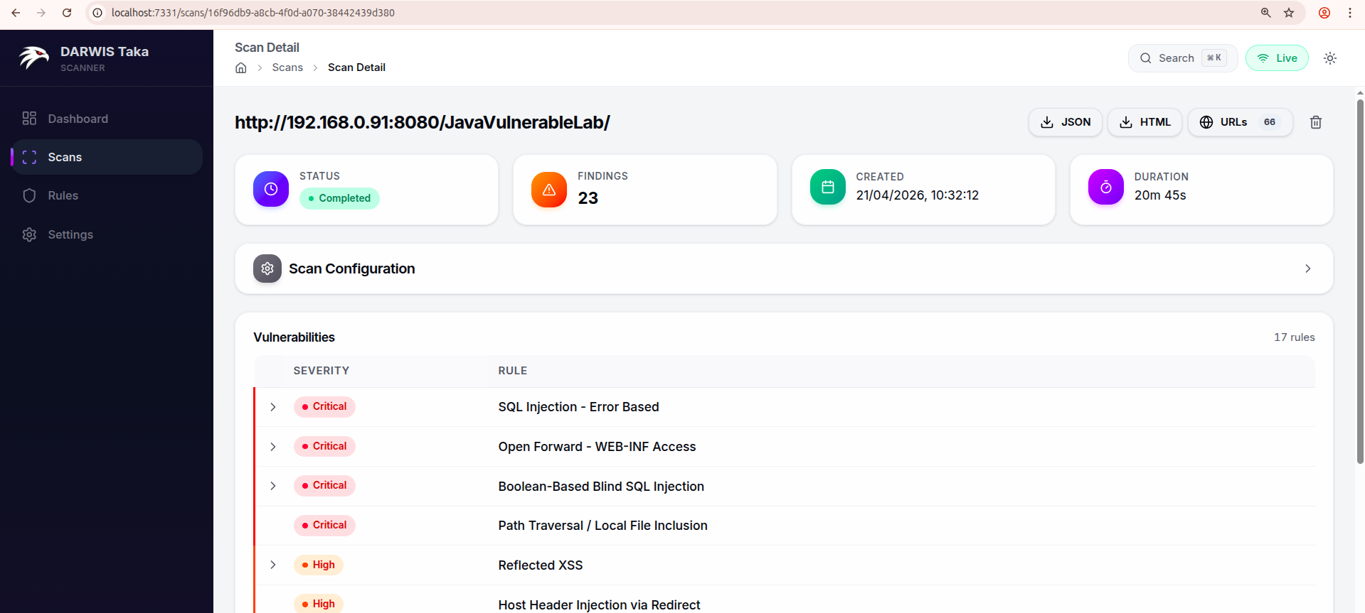 Scan results with the vulnerabilities table grouped by rule