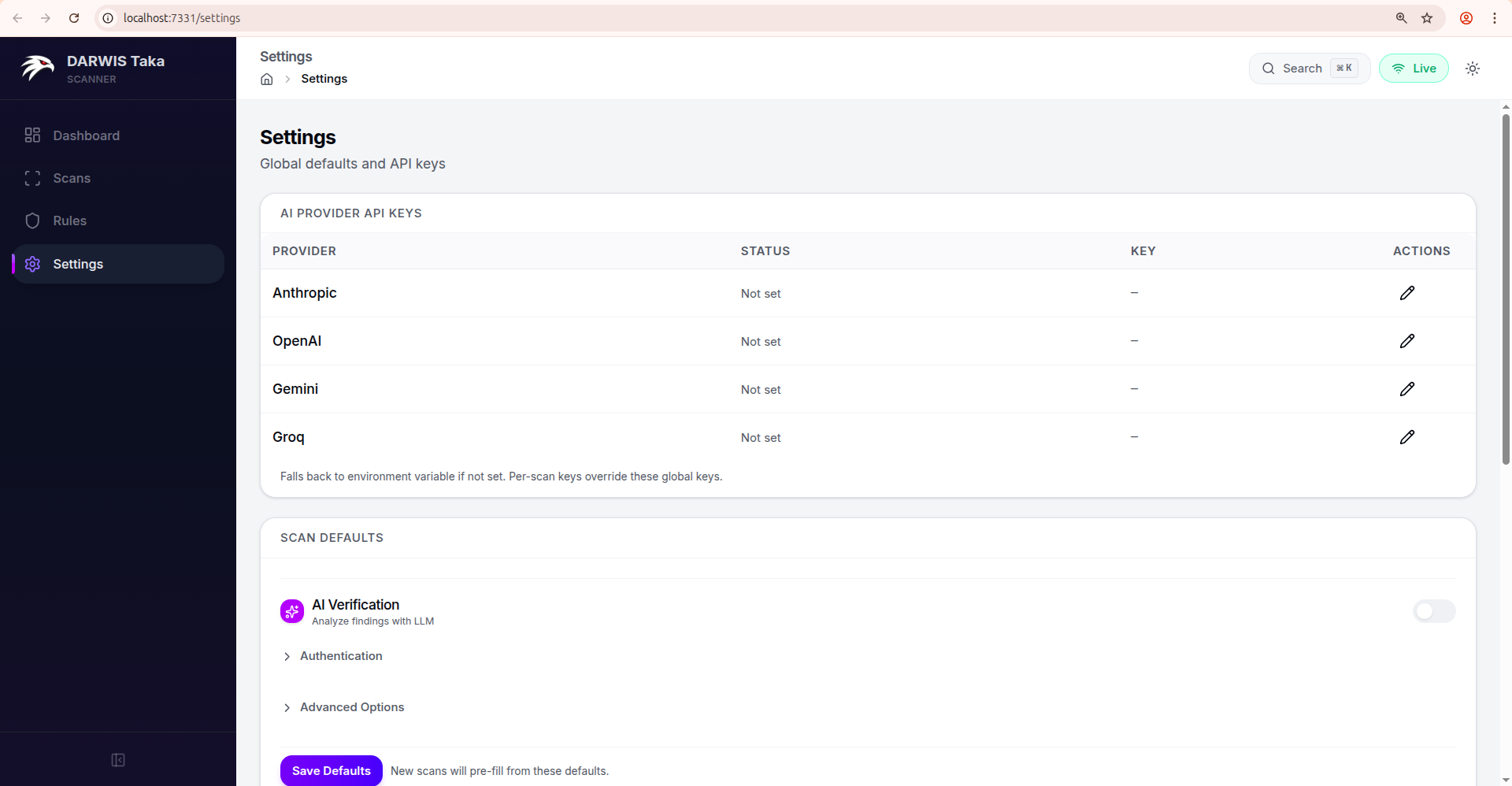 Settings: AI Provider API Keys and Scan Defaults cards